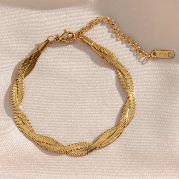 Gold Twisted Braided Herringbone‎ Adjustable Bracelet - Picture 1 of 8